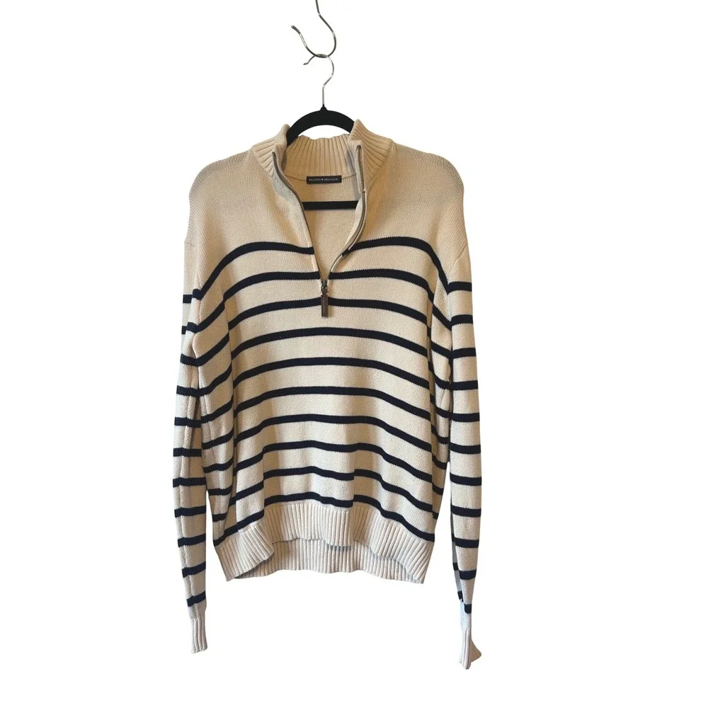 Brandy Melville Preppy Striped Quarter Zip Sweater Beige‎ Navy Cotton  Size XL